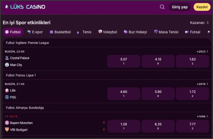 Home sports showcase Home page En iyi Spor etkinlikleri block with the Futbol tab open, listing Lille - PSG and Bayern Munchen - VfB Stuttgart with odds.