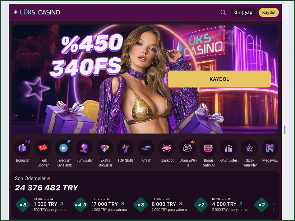 Banner and payouts Wide front-page view with the %450 340FS banner, a shortcut row and a Son Ödemeler panel totalling 24 376 482 TRY.