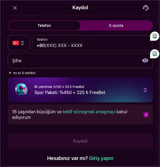 Kaydol formunun yakın kesitinde Türk bayraklı ülke seçici, +90(XXX) XXX - XXXX alanı, Spor Paketi satırı ve kayıt düğmesi görünüyor.