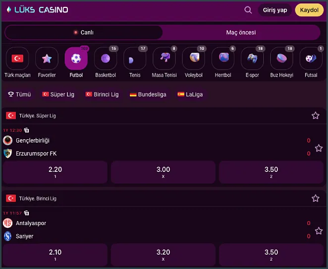 Live sports list with Gençlerbirliği - Erzurumspor FK in Süper Lig and Antalyaspor - Sariyer in Birinci Lig, under Basketbol 15 and Tenis 17.