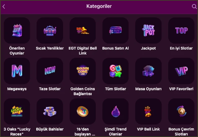 Kategoriler menüsünde Sıcak Yenilikler, Bonus Satın Al, En iyi Slotlar, Taze Slotlar, Tüm Slotlar, Masa Oyunları ve Bonus Çevrim Slotları simgeleri dizilmiş.