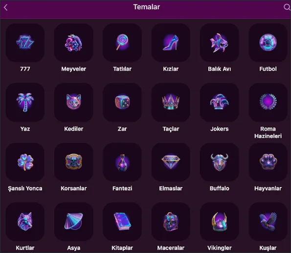 On the Temalar screen, slots can be picked by icons such as 777, Meyveler, Tatlılar, Futbol, Kediler, Elmaslar and Vikingler.