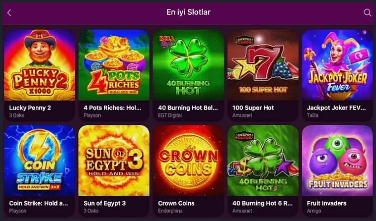 Two rows on the En iyi Slotlar page hold Lucky Penny 2, 4 Pots Riches, 40 Burning Hot Bell Link and Crown Coins.