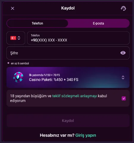 Telefon sekmesindeki Kaydol penceresinde +90(XXX) XXX - XXXX alanı, en az 6 sembol ipuçlu Şifre ve Casino Paketi: %450 + 340 FS seçicisi var.